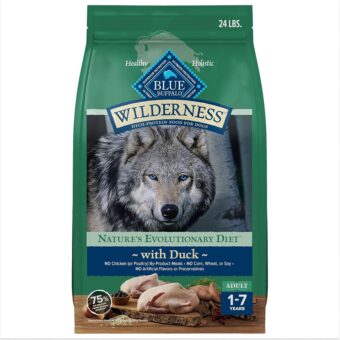 Blue Buffalo Wilderness Natural High-Protein Dry Food for Adult Dogs, with Wholesome Grains, Duck, 24-lb bag.