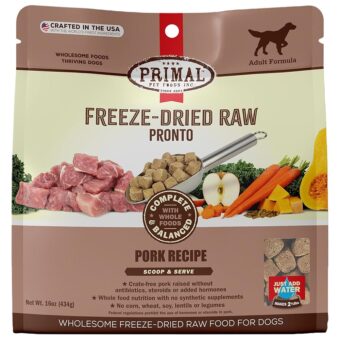 Primal Freeze Dried Dog Food Pronto, Pork; Scoop & Serve, Complete & Balanced Meal; Also Use As Topper or Treat; Premium, Healthy, Grain Free, High Protein Raw Dog Food (16 oz)