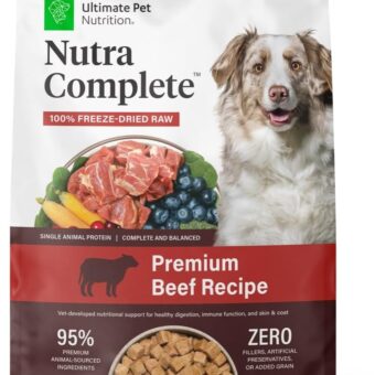ULTIMATE PET NUTRITION Nutra Complete Raw Freeze Dried Dog Food, Veterinarian Formulated with Antioxidants, Prebiotics & Amino Acids (3 Pound, Beef)