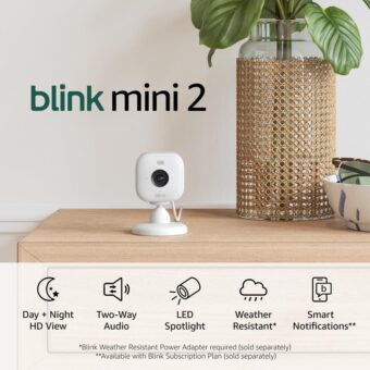 Blink Mini 2 - Plug-in smart security camera, HD night view in color, built-in spotlight, two-way audio, motion detection, Works with Alexa - 1 camera (White)