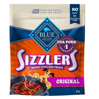 Blue Buffalo Sizzlers Natural Soft Dog Treats, Bacon-Style Soft-Moist Dog Treats with Real USA Pork, Original Flavor, 6-oz. Bag