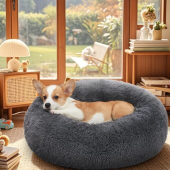 Calming Donut Dog & Cat Bed, Machine Washable Plush Warming Bed, Anti-Slip Round Cuddle Comfort Pet Bed, Cozy Fluffy Faux Fur Bed for Small Medium Dogs, Gray, 23 inches