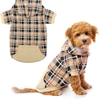 EXPAWLORER Plaid Dog Hoodie - British Style Soft and Warm Dog Sweater with Leash Hole, Hooded Cold Weather Clothes, Dog Sweatshirt, Outfits, Winter Coat for Small Medium Large Dogs