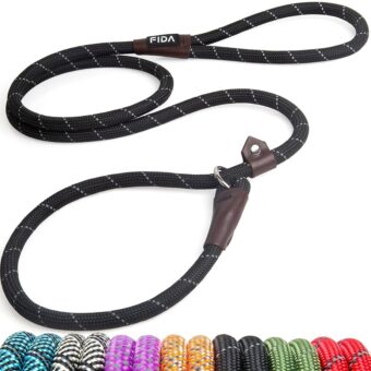 Fida Durable Slip Lead Dog Leash, 6 FT x 1/2" Heavy Duty Comfortable Strong Rope Leash for Large, Medium Dogs, No Pull Pet Training Leash with Highly Reflective, Black