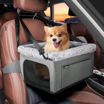 JOEJOY Deluxe Dog Booster Seat with Sturdy Metal Frame and Safety Leash for Small Pets up to 20 lbs - Portable Puppy Dog Car Seat with Thick Cushion and Storage Pockets for...