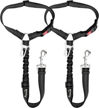 SlowTon Dog Seat Belt for Car, 2 Pack Dog Car Harness Seatbelt Adjustable with Elastic Bungee Buffer, 2 in 1 Pet Car Leash Headrest Restraint Dog Reflective Safety Tether...