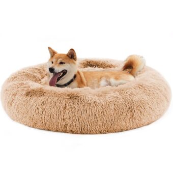 Sweetcrispy Dog Bed, Large Washable Comfortable Pet Bed for Medium to Large Dogs, 30 Inch Anti-Slip Round Fluffy Plush Faux Fur Dog Bed for Sleeping, Indoor, Brown