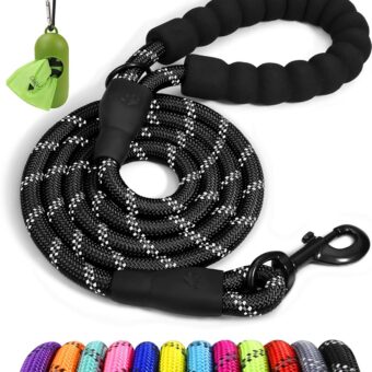 Taglory Rope Dog Leash 6 FT with Comfortable Padded Handle, Highly Reflective Threads Dog Leash for Medium Large Dogs, 1/2 inch, Black