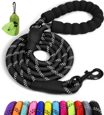 Taglory Rope Dog Leash 6 FT with Comfortable Padded Handle, Highly Reflective Threads Dog Leash for Medium Large Dogs, 1/2 inch, Black