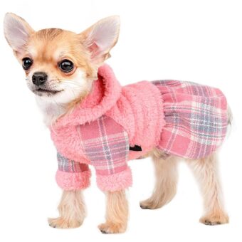 Winter Dog Dress, Cute Warm Fleece Dog Hooded Sweater, for Small Dogs Girl, Pink Plaid Puppy Dresses Clothes for Chihuahua Yorkie,Cat Apparel (Pink, X-Small)