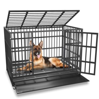 48/42/38 inch Heavy Duty Indestructible and Escape-Proof Dog Crate Cage Kennel for Large Dogs, High Anxiety Dog Crate with Removable Crate Trays, Wheels and Double Door, Extra...