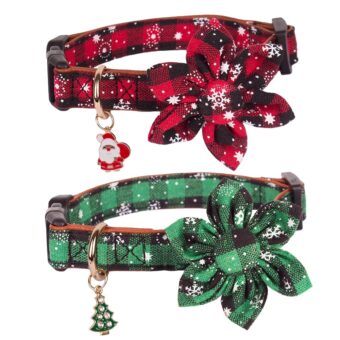 ADOGGYGO Christmas Dog Collar with Flower, Plaid Dog Christmas Collar with Removable Floral Adjustable Christmas Collars for Medium Dog (Medium)