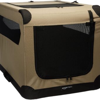 Amazon Basics 2-Door Portable Soft-Sided Folding Soft Dog Travel Crate Kennel, Medium (M 30" x 21" x 21"), Tan