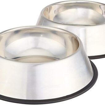 Amazon Basics Stainless Steel Non-Skid Pet Dog Water And Food Bowl, 2-Pack (10 x 2.8 Inches), Each Holds Up to 4 Cups