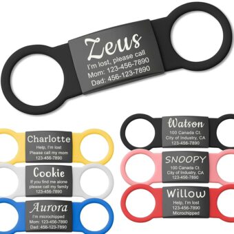 Anavia Slide On Silent Pet ID Tags, S/M/L/XL Personalized Black Stainless Steel Colored Silicone Cat Dog Name Tag, Customized Engraved Nameplate, Quiet Chew-Proof Pet Collar Tag...
