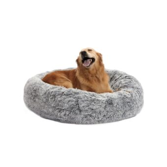 Bedfolks Calming Donut Dog Bed, 36 Inches Round Fluffy Dog Beds for Large Dogs, Anti-Anxiety Plush Dog Bed, Machine Washable Pet Bed (Dark Grey, Large)