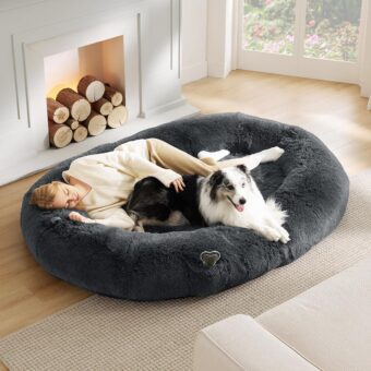 Bedsure Memory Foam Human Dog Bed, 72"x48"x12" Calming Giant Human Dog Bed for Adults People Fits Pet Families with Storage Pocket, Fluffy Faux Fur Orthopedic Dog Bean Bed, Dark...
