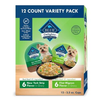 Blue Buffalo Delights Natural Adult Small Breed Wet Dog Food, Variety Pack, Made with Natural Ingredients, Filet Mignon & New York Strip Recipe in Hearty Gravy, 3.5-oz. Cups (12...