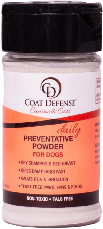 COAT DEFENSE Preventative Powder | Made in USA | 3.5oz Waterless Dog Shampoo & Pet Deodorizer for Smelly Dogs | Provides Anti Itch Relief | Dog Shampoo for Dry Itchy Skin & Dog...