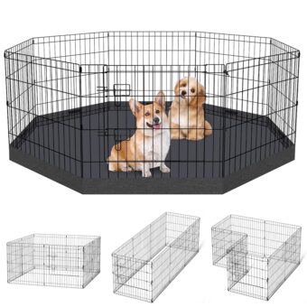 Dog Pen Pet Playpen Dog Fence Indoor Foldable Metal Wire Exercise Puppy Play Yard Pet Enclosure Indoor Outdoor 8 Panels 24 Inch with Bottom Pad/Top Cover (Black with Bottom pad)