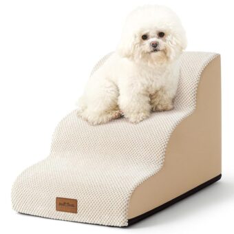 Dog Stairs for Small Dogs, Curved Pet Step with Leakproof Cover, High Density Foam Cat Ramp for Bed or Sofa, Lightweight, Durable, Comfort, 15.7x22.4x15.7 inch, 3 Tiers, Beige