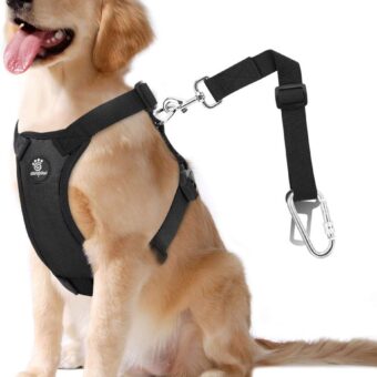 Dog Vehicle Safety Vest Harness, Adjustable Soft Padded Mesh Car Seat Belt Leash Harness with Travel Strap and Carabiner for Most Cars, Size Large, Black