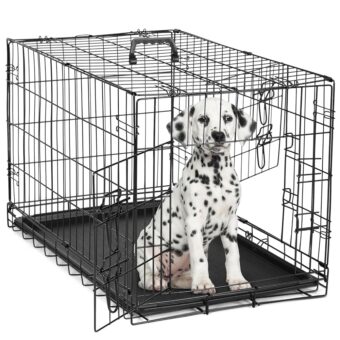 DUMOS Dog Crate, 30 Inch Medium Double Door Dog Cage with Divider Panel and Plastic Leak-Proof Pan Tray, Folding Metal Wire Pet Kennel for Indoor, Outdoor, Travel