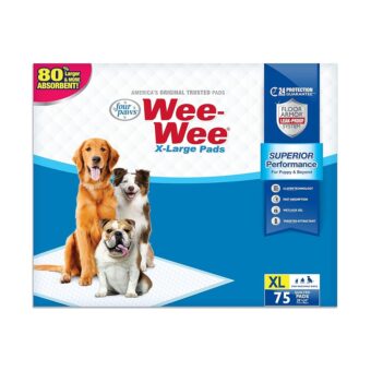 Four Paws Wee-Wee Superior Performance XL Pee Pads for Extra Large Dogs, Leak-Proof Floor Protection Dog & Puppy Quilted Potty Training Pads, Unscented, 28" x 34" (75 Count)