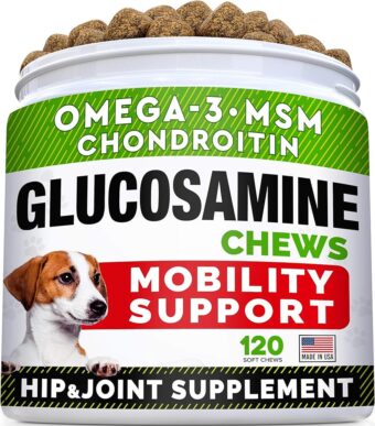 Glucosamine Treats for Dogs - Joint Supplement w/Omega-3 Fish Oil - Chondroitin, MSM - Advanced Mobility Chews - Joint Pain Relief - Hip & Joint Care - Chicken Flavor - 120 Ct -...