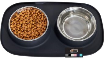 Gorilla Grip 100% Waterproof BPA Free Cat and Dog Bowls Silicone Feeding Mat Set, Stainless Steel Bowl Slip Resistant Raised Edges, Catch Water, Food Mess, No Spills, Pet...