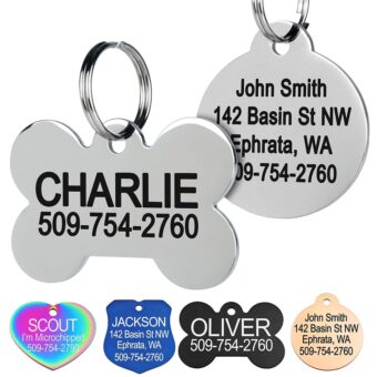 GoTags Stainless Steel Pet ID Tags, Personalized Dog Tags and Cat Tags, up to 8 Lines of Custom Text, Engraved on Both Sides, in Bone, Round, Heart, Bowtie and More (Dog Bone,...