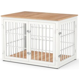 Heavy Duty Dog Crate Furniture for Large and Medium Dogs, Decorative Pet House End Table, Wooden Cage Kennel Indoor, White and Natural