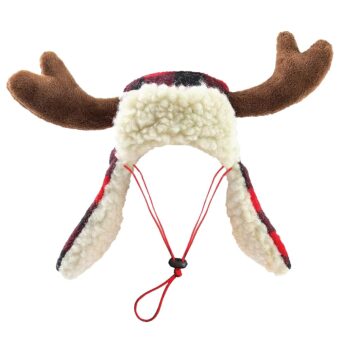 Huxley & Kent Pet Hat | Antler Buffalo Check (Large) | Festive Christmas Holiday Accessory for Dogs/Cats | Holiday Pet Hat | SnugFit Sliding Toggles for Best Fit