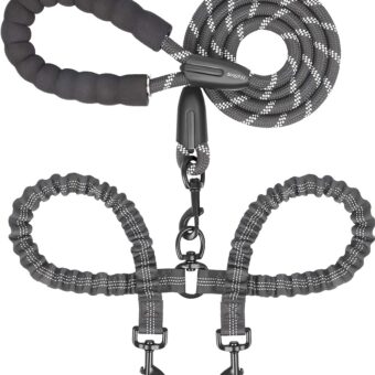 iYoShop Dual Dog Leash, Double Dog Leash, 360 Swivel No Tangle Walking Leash, Shock Absorbing Bungee for Two Dogs, Black, Large (25-150 lbs)