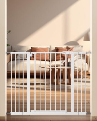 keny 29"-42.5" Baby Gate for Stairs, Auto Close Safety Dog Gate, Pressure Mounted Easy Walk Through Pet Gate for Doorways, Durable Safety Stair Gate, 30" Tall, White