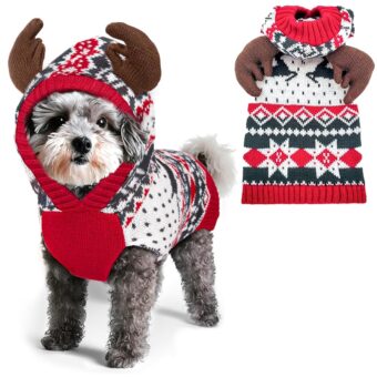 KYEESE Dog Christmas Sweater Hoodie Dog Christmas Outfit with Leash Hole Reindeer Snowflake Red Dogs Knitwear Small Pullover Pet Sweater Christmas, M