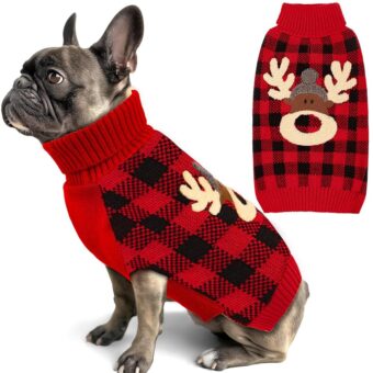 KYEESE Dog Christmas Sweater Reindeer Small Dog Christmas Sweater Red Buffalo Check with Leash Hole Pet Sweater with Dog Christmas Outfit Pet Clothes,M