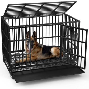 LEMBERI 48/38 inch Heavy Duty Indestructible Dog Crate, Escape Proof Dog Cage Kennel with Lockable Wheels,High Anxiety Double Door,Extra Large Crate Indoor for Large Dog with...