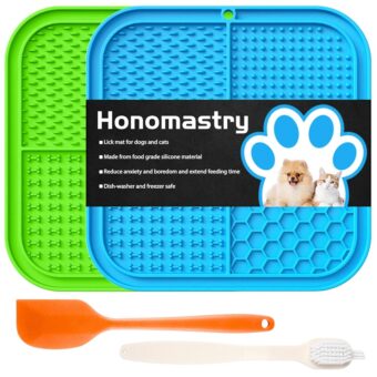 Licking Mat, Premium Lick Pad with Suction Cups for Dog Anxiety Relief, Slow Feeder Dog Bowls, Bathing, Grooming and Training, 2 Pack (Green and Blue)