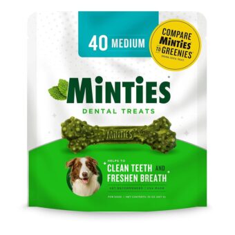 Minties Dental Chews for Dogs, 40 Count, Vet-Recommended Mint-Flavored Dental Treats for Medium Dogs 25-50 lbs, Dental Bones Clean Teeth, Fight Bad Breath, and Removes Plaque...