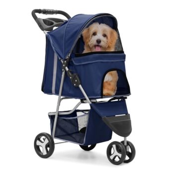 MoNiBloom 3 Wheels Pet Stroller, Foldable Dog Cat Cage Jogger Stroller with Weather Cover for All-Season, Storage Basket and Cup Holder, Breathable and Visible Mesh for...