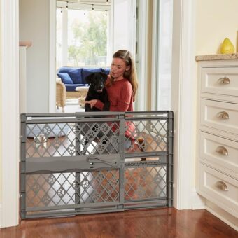 MYPET North States Paws Portable Pet Gate: 26-40" Wide. Pressure Mount. No Tools Needed. Made in USA. Dog Gate 23" Tall, Expandable, Durable Dog Gates for Doorways, Fieldstone Gray