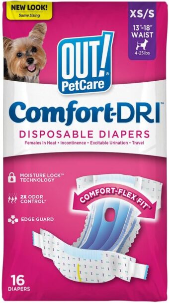 OUT! Petcare Disposable Dog Diapers for Female Dogs, Dog Heat Diapers, Female Dog Period Pads, Female Doggy Diaper for Peeing, Pet Diapers for Small Pets,13”-18” Waist,...