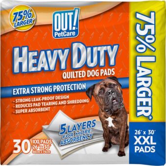 OUT! Petcare XXL Dog Training Pads, Heavy Duty Dog Pee Pads XXL, Jumbo Puppy Pads, Wee Wee Pads for Dogs and Puppies, Dog House Training, Leak Proof, Safe, Disposable, 26"x30",...