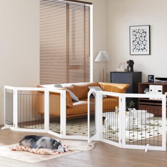 PAWLAND 144-inch Extra Wide 30-inches Tall Dog gate with Door Walk Through, Freestanding Wire Pet Gate for The House, Doorway, Stairs, Pet Puppy Safety Fence, Support Feet...