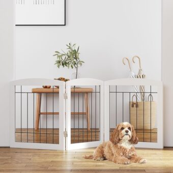 PAWLAND Free Standing Dog Gates for The House Stairs Doorways Indoor Foldable Wooden Small White Puppy Pet Gate Step Over Fence 60" W 24" H 3 Panels