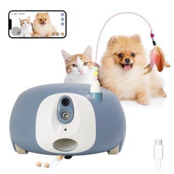 Pet Camera Treat Dispenser, Cat Dog Camera, Automatic Pet Feeder with App Remote Control, 2 Way Audio, 1080P HD Mobile Camera with Night Vision, Interactive Replaceable Cat Teaser