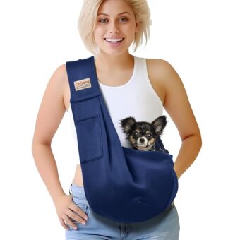 Pet Dog Sling Carrier for 3-10 lbs pet,Dog Purse Pouch,Dog Satchel,Reversible unadjustable Strap Travel Hand-Free Safe Bag Small Puppy Backpack (Dark Blue)