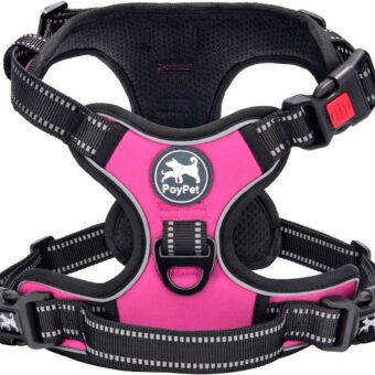 PoyPet No Pull Dog Harness, No Choke Front Clip Dog Reflective Harness, Adjustable Soft Padded Pet Vest with Easy Control Handle for Small to Large Dogs(Pink,M)