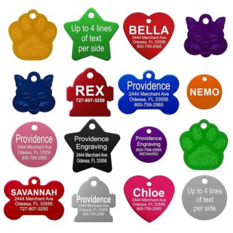 Providence Engraving Pet ID Tags - Small or Large Personalized Anodized Aluminum Pet Tags in Bone, Round, Star, Heart, Hydrant, Paw and Cat Face Shapes and 9 Colors for Dog and Cat